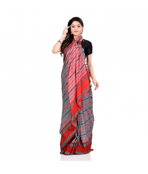 dB DESH BIDESH Women`s Traditional Bengali Begampuri Pure Handloom Cotton Saree With Blouse Piece (Grey Red)