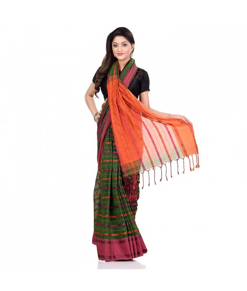 dB DESH BIDESH Women`s Traditional Bengali Begampuri Pure Handloom Cotton Saree With Blouse Piece (Pesta green Orange)