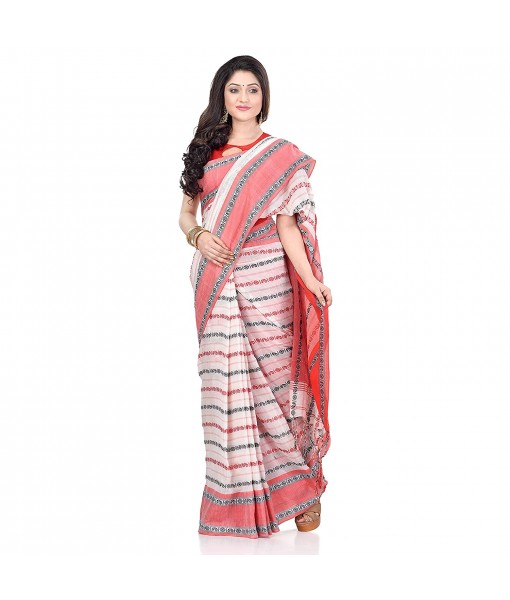 dB DESH BIDESH Women`s Traditional Bengali Begampuri Pure Handloom Cotton Saree With Blouse Piece (White Black Red)