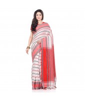 dB DESH BIDESH Women`s Traditional Bengali Begampuri Pure Handloom Cotton Saree With Blouse Piece (White Black Red)