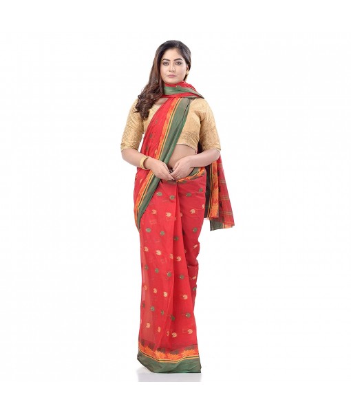 dB DESH BIDESH Women`s Traditional Bengali Tant Lotus Design Pure Handloom Cotton Saree Without Blouse Piece (Red)