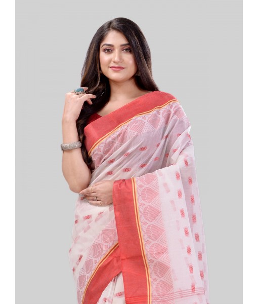 DESH BIDESH Women`s Traditional Tant Pure Cotton Handloom Saree LalKamal Design Without Blouse Piece (Red White)