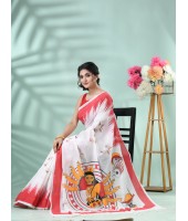 Bengal Handloom Pure Cotton Saree Dashabhuja HandPrint Design With Blouse Piece