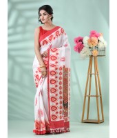  Handloom Pure Cotton Saree Dashami Sindur Khela HandPrint Design With Blouse Piece (Red White0