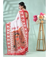  Handloom Pure Cotton Saree Dashami Sindur Khela HandPrint Design With Blouse Piece (Red White0