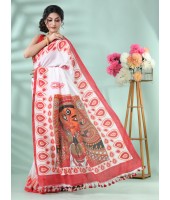  Handloom Pure Cotton Saree Dashami Sindur Khela HandPrint Design With Blouse Piece (Red White0