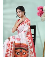  Handloom Pure Cotton Saree Dashami Sindur Khela HandPrint Design With Blouse Piece (Red White0