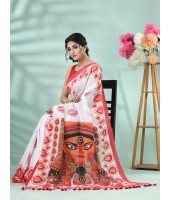  Handloom Pure Cotton Saree Dashami Sindur Khela HandPrint Design With Blouse Piece (Red White0