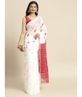 Handloom Tant Soft Dhakai Jamdani Cotton Saree (White-Red) with Whole Body Design - Durga Puja Collection