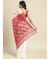 Handloom Tant Soft Dhakai Jamdani Cotton Saree (White-Red) with Whole Body Design - Durga Puja Collection