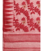 Handloom Tant Soft Dhakai Jamdani Cotton Saree (White-Red) with Whole Body Design - Durga Puja Collection