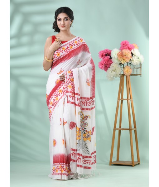 Handloom Pure Cotton Saree Durga Printed HandPrint Design With Blouse Piece