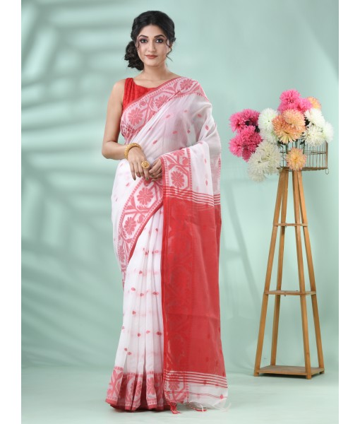  Cotton Handloom Cotton Silk Saree Flower Copper Work With Blouse Piece (Red White)