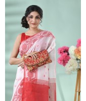  Cotton Handloom Cotton Silk Saree Flower Copper Work With Blouse Piece (Red White)