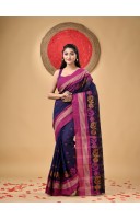 Traditional Pure Handloom Cotton Saree Flower Leaf Kolka Woven Design Without Blouse Piece (Deep Blue)
