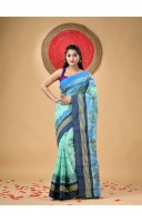 Traditional Pure Handloom Cotton Saree Flower Leaf Kolka Woven Design Without Blouse Piece (Firoza)