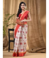 Bengal Fuleswari Woven Designer Pure Handloom Cotton Saree (White Red)