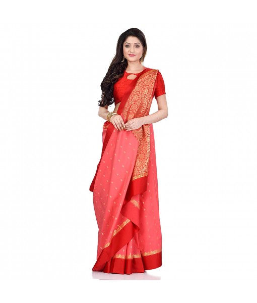 dB DESH BIDESH Women`s Bengal Kanchipuram Art Silk Saree Handmade Whole Body Garad Design With Running Blouse Coral