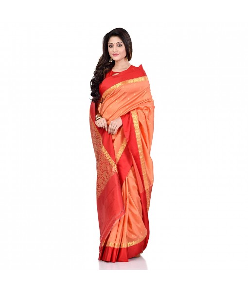 dB DESH BIDESH Women`s Bengal Kanchipuram Art Silk Saree Handmade Whole Body Garad Design With Running Blouse Safron