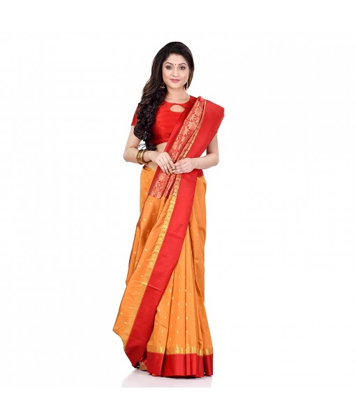 dB DESH BIDESH Women`s Bengal Kanchipuram Art Silk Saree Handmade Whole Body Garad Design With Running Blouse Golden