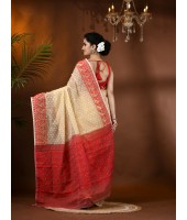 Resham Dhakai Jamdani Cotton Handloom Saree Hajar Buti Design Jamdani Saree(Cream Red)