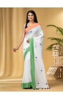 DESH BIDESH Women's Tri Color Pure Handloom Cotton Saree With Blouse Piece (Independance Day Saree Orange White Green)