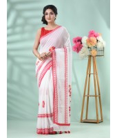 Traditional Soft Handloom Cotton Saree Hibicus Joba Floral Design With Blouse Piece (Red White)