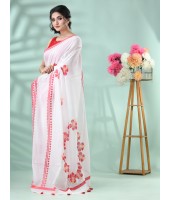 Traditional Soft Handloom Cotton Saree Hibicus Joba Floral Design With Blouse Piece (Red White)
