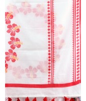 Traditional Soft Handloom Cotton Saree Hibicus Joba Floral Design With Blouse Piece (Red White)