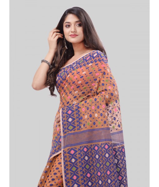DESH BIDESH Women`s Hirokduti Resham Dhakai jamdani Bengal Pure Cotton Handloom Saree Whole Body Design without Blouse Piece (Orange Blue)