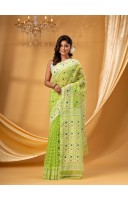 Hirokduti Resham Dhakai jamdani Bengal Pure Cotton Handloom Saree without Blouse Piece (Green White)