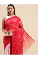 Handloom Tant Dhakai Jamdani Cotton Saree Whole Body Design (White Red)
