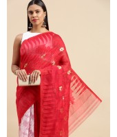 Handloom Tant Dhakai Jamdani Cotton Saree Whole Body Design (White Red)