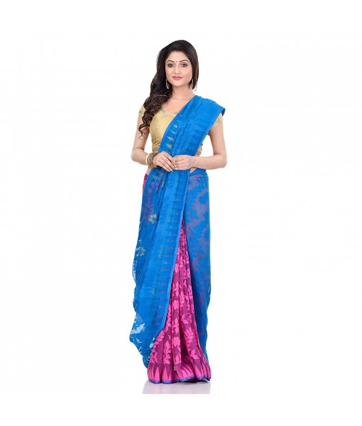 dB Desh Bidesh Women`s Bengal Handloom Tant Soft Dhakai Jamdani Cotton Saree Whole Body Design (Blue Pink)