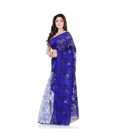 Handloom Tant Soft Dhakai Jamdani Cotton Saree Whole Body Design (Blue White)