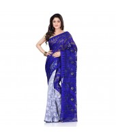 Handloom Tant Soft Dhakai Jamdani Cotton Saree Whole Body Design (Blue White)