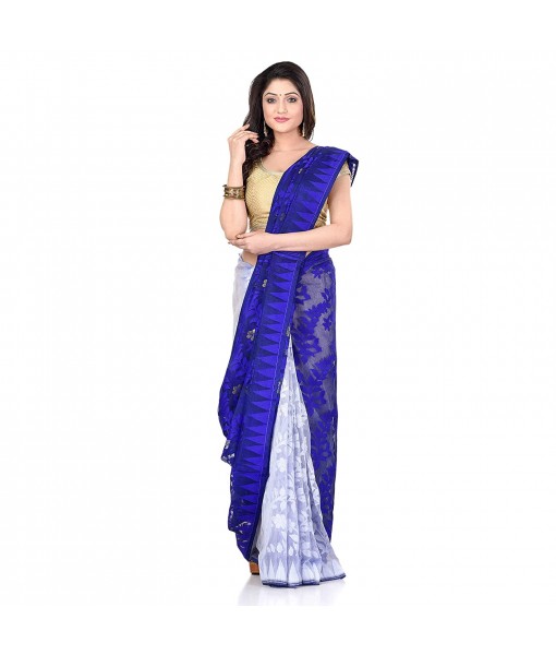 dB Desh Bidesh Women`s Bengal Handloom Tant Soft Dhakai Jamdani Cotton Saree Whole Body Design (Blue White)