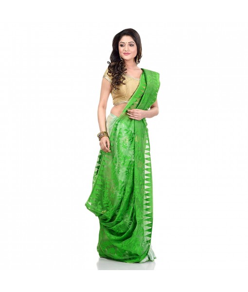 dB Desh Bidesh Women`s Bengal Handloom Tant Soft Dhakai Jamdani Cotton Saree Whole Body Design (Green White)