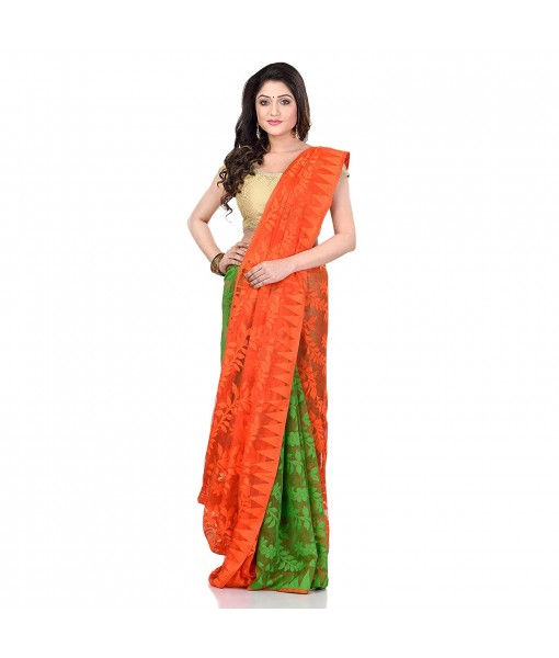 Handloom Tant Soft Dhakai Jamdani Cotton Saree Whole Body Design (Orange Green)