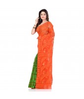 Handloom Tant Soft Dhakai Jamdani Cotton Saree Whole Body Design (Orange Green)