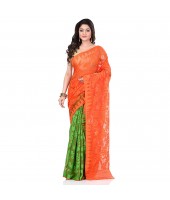 Handloom Tant Soft Dhakai Jamdani Cotton Saree Whole Body Design (Orange Green)