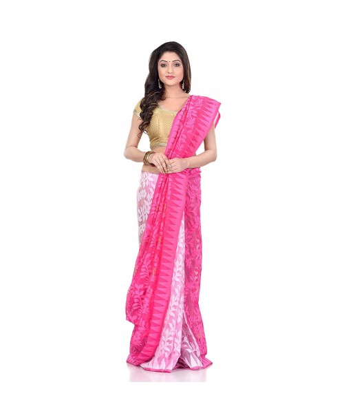 dB Desh Bidesh Women`s Bengal Handloom Tant Soft Dhakai Jamdani Cotton Saree Whole Body Design (Pink White)