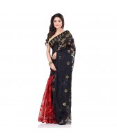 Handloom Tant Soft Dhakai Jamdani Cotton Saree Whole Body Design (Red Black)