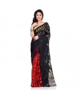 Handloom Tant Soft Dhakai Jamdani Cotton Saree Whole Body Design (Red Black)