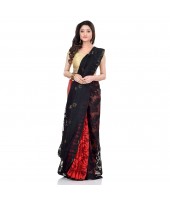 Handloom Tant Soft Dhakai Jamdani Cotton Saree Whole Body Design (Red Black)