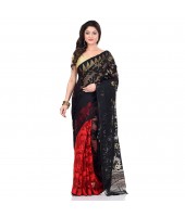 Handloom Tant Soft Dhakai Jamdani Cotton Saree Whole Body Design (Red Black)