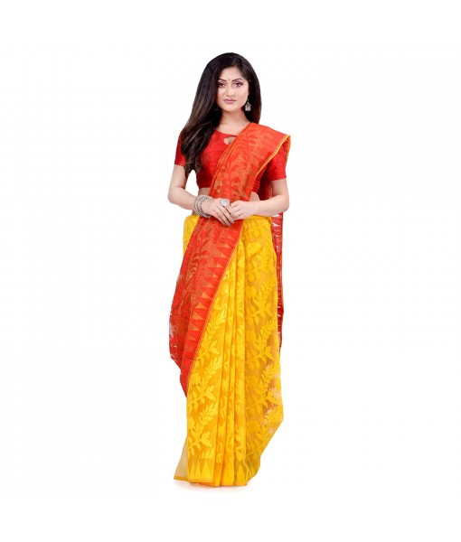 dB Desh Bidesh Women`s Bengal Handloom Tant Soft Dhakai Jamdani Cotton Saree Whole Body Design (Red Yellow)