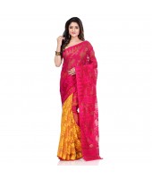 Bengal Handloom Tant Soft Dhakai Jamdani Cotton Saree Whole Body Design (Pink Yellow)