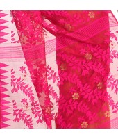 Bengal Handloom Tant Soft Dhakai Jamdani Cotton Saree Whole Body Design (Pink Yellow)
