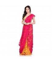 Bengal Handloom Tant Soft Dhakai Jamdani Cotton Saree Whole Body Design (Pink Yellow)
